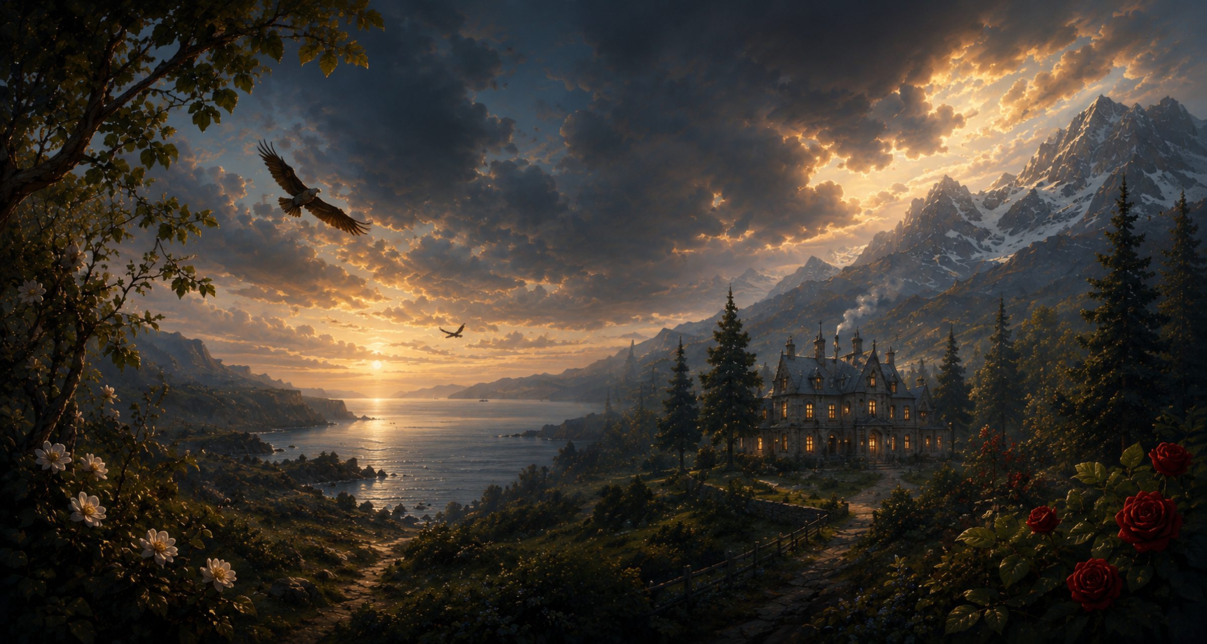A painted coast at dusk: a lamplit house below snow-topped mountains, a bird over the water, roses and white blossom in the foreground.