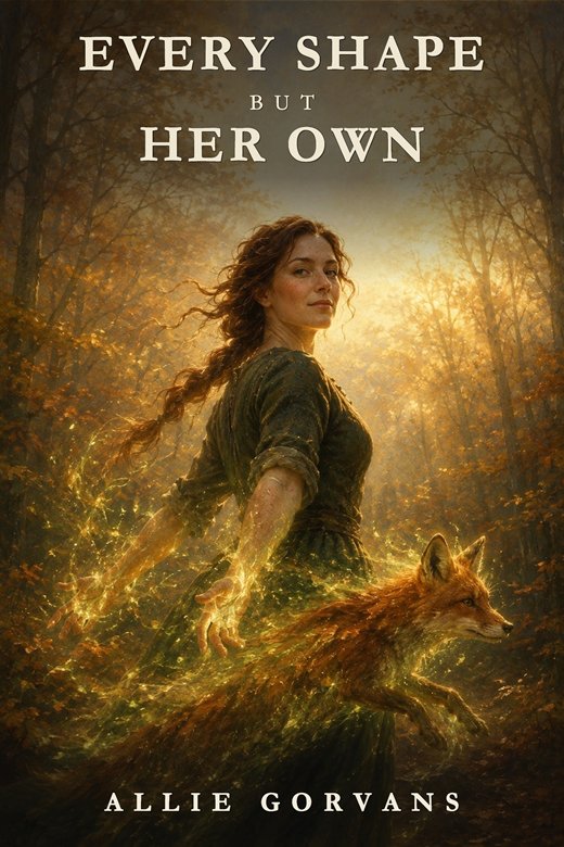 Every Shape but Her Own &mdash; cover: a woman in a golden wood with a fox beside her.