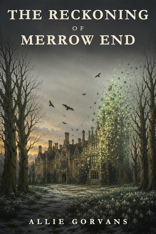 The Reckoning of Merrow End &mdash; cover: a great house coming apart, with rooks rising from it.